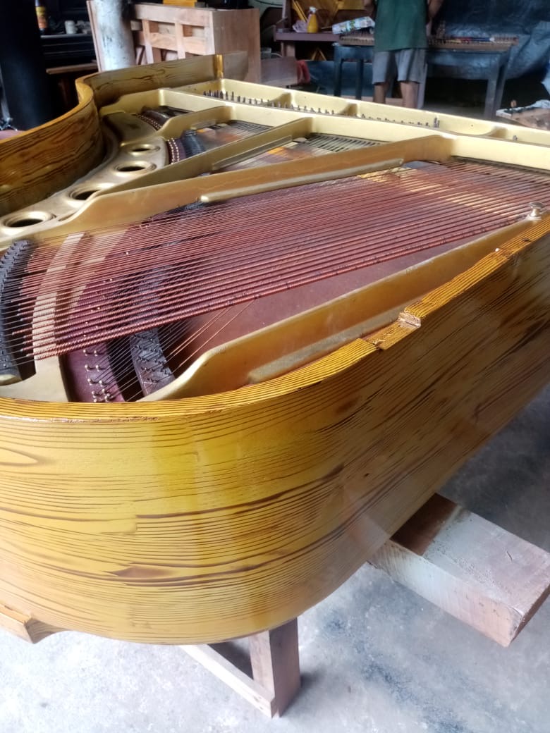 Handcrafted timber grand piano bent rim and gilded acoustic harp in restoration workshop